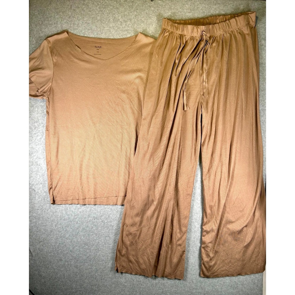 NAP Pajama Set Womens L/XL Brown Stretch V-Neck Drawstring Wide Leg Sleepwear